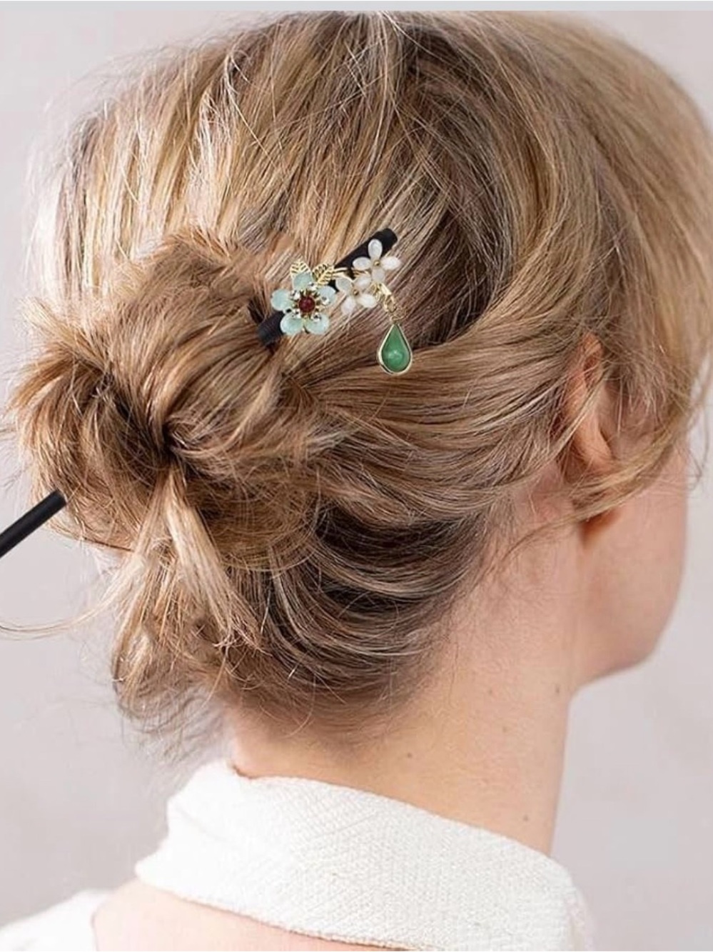 Floral Hair Stick with Green Teardrop Charm - Women Accessories